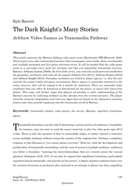 Kyle Barrett the Dark Knight’S Many Stories Arkham Video Games As Transmedia Pathway