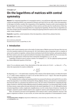 On the Logarithms of Matrices with Central Symmetry