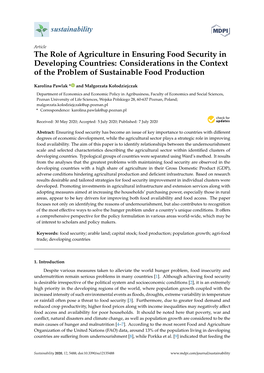 The Role of Agriculture in Ensuring Food Security in Developing Countries: Considerations in the Context of the Problem of Sustainable Food Production