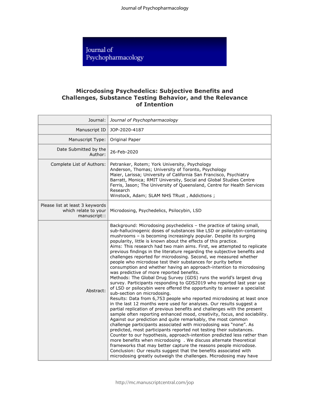 Microdosing Psychedelics: Subjective Benefits and Challenges, Substance Testing Behavior, and the Relevance of Intention