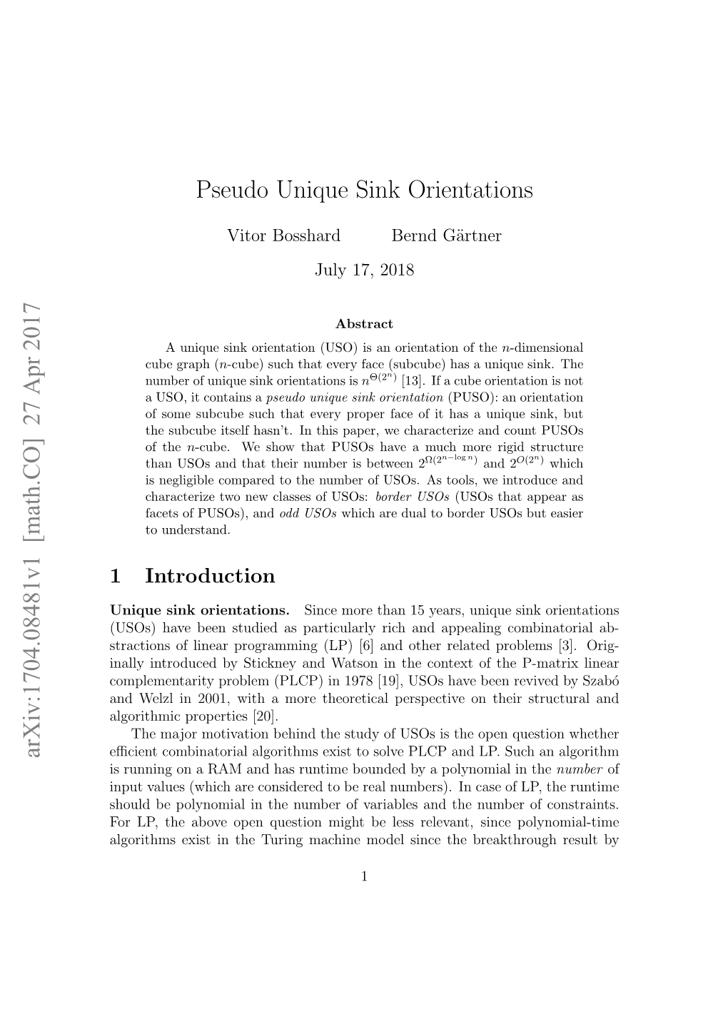 Pseudo Unique Sink Orientations Arxiv:1704.08481V1 [Math.CO] 27