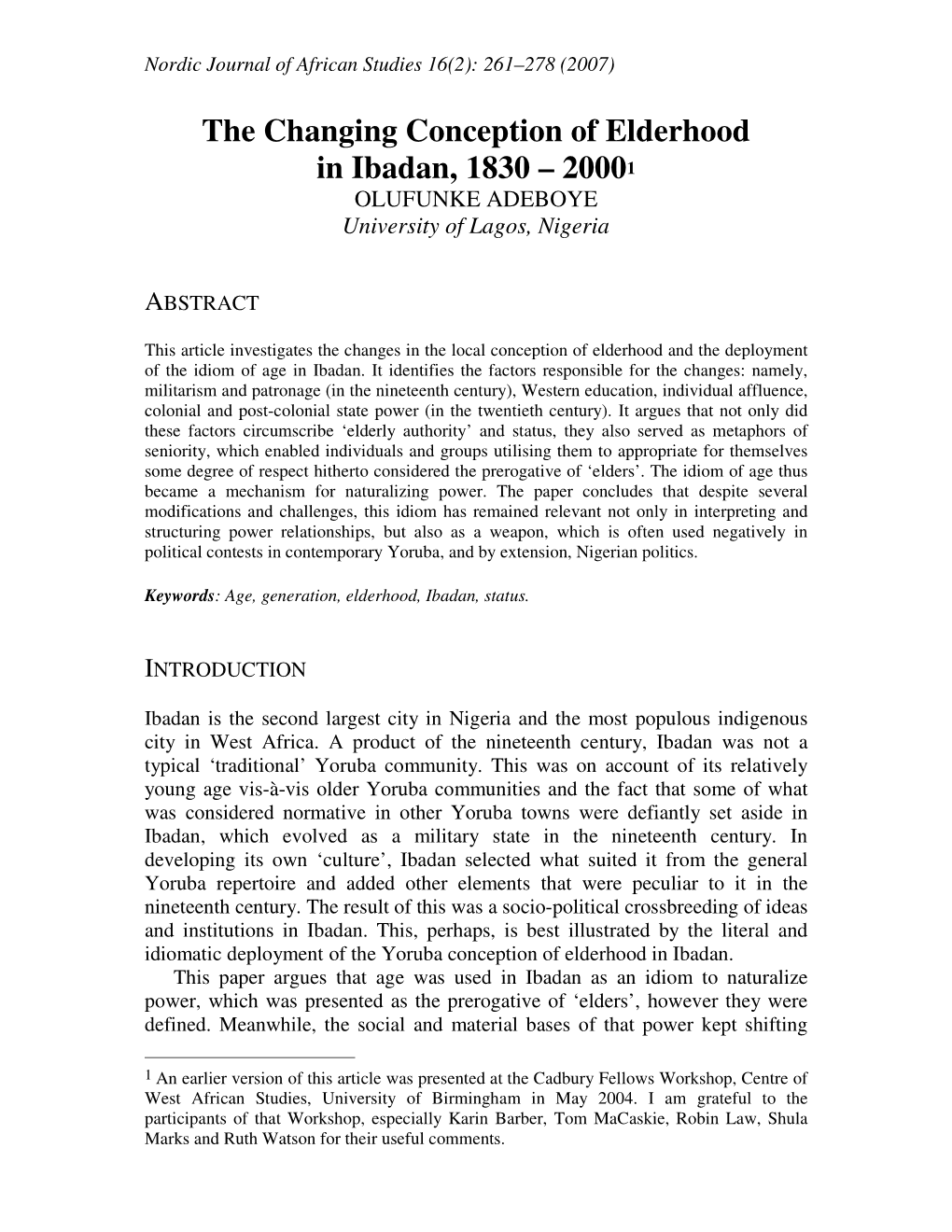 The Changing Conception of Elderhood in Ibadan, 1830 – 20001