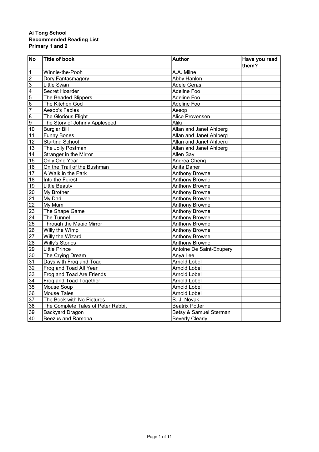 Ai Tong School Recommended Reading List Primary 1 and 2 No