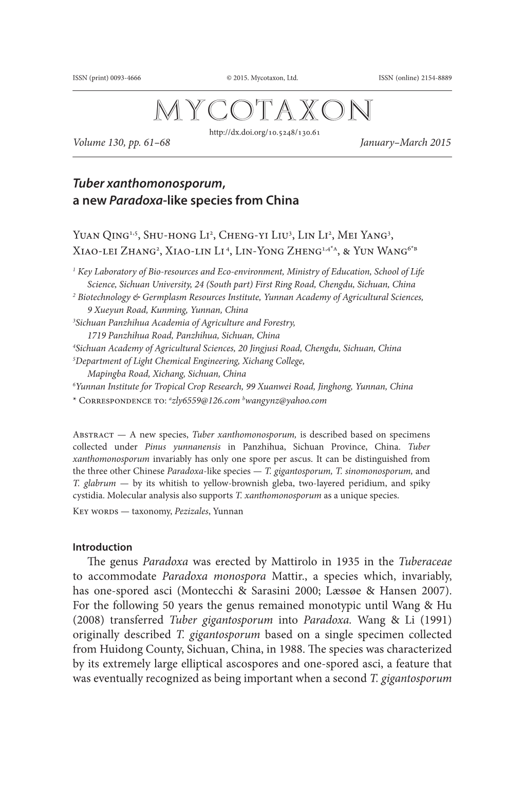 <I>Tuber Xanthomonosporum</I>, a New <I>Paradoxa