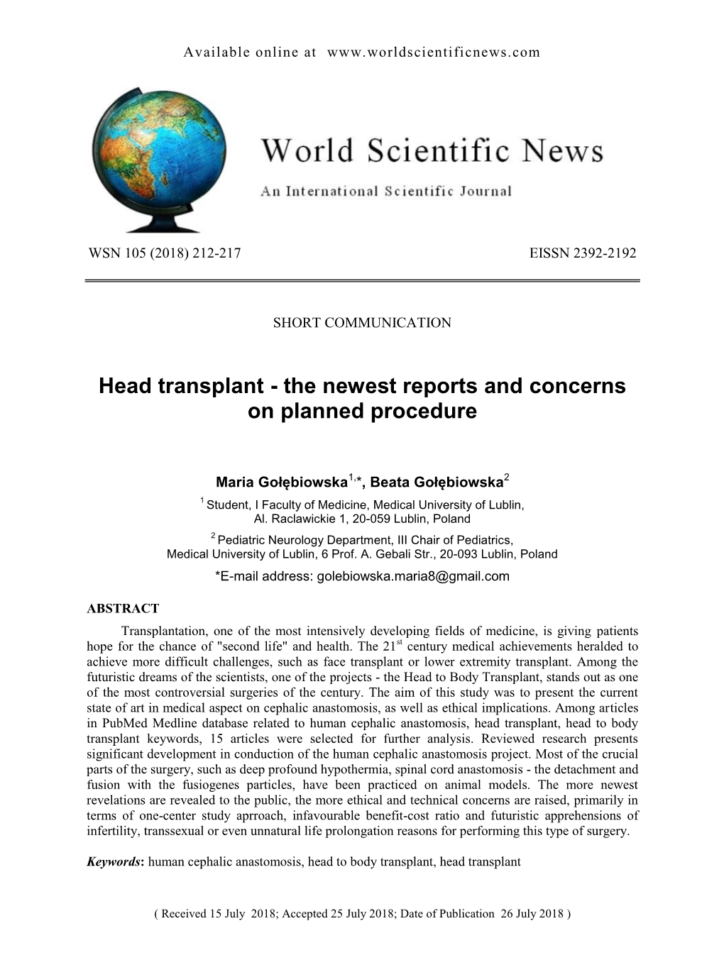 Head Transplant - the Newest Reports and Concerns on Planned Procedure