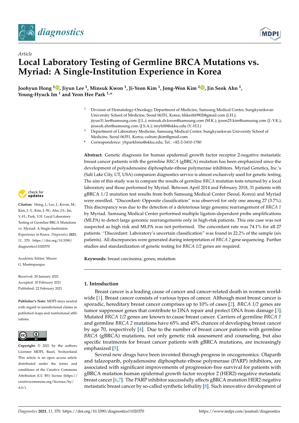 Local Laboratory Testing of Germline BRCA Mutations Vs. Myriad: a Single-Institution Experience in Korea