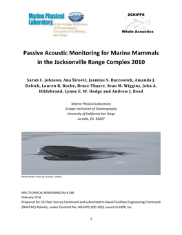 Passive Acoustic Monitoring for Marine Mammals in the Jacksonville Range Complex 2010