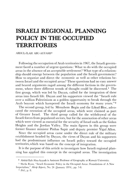 Israeli Regional Planning Policy in the Occupied Territories