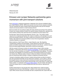 Ericsson and Juniper Networks Partnership Gains Momentum with Joint Transport Solutions