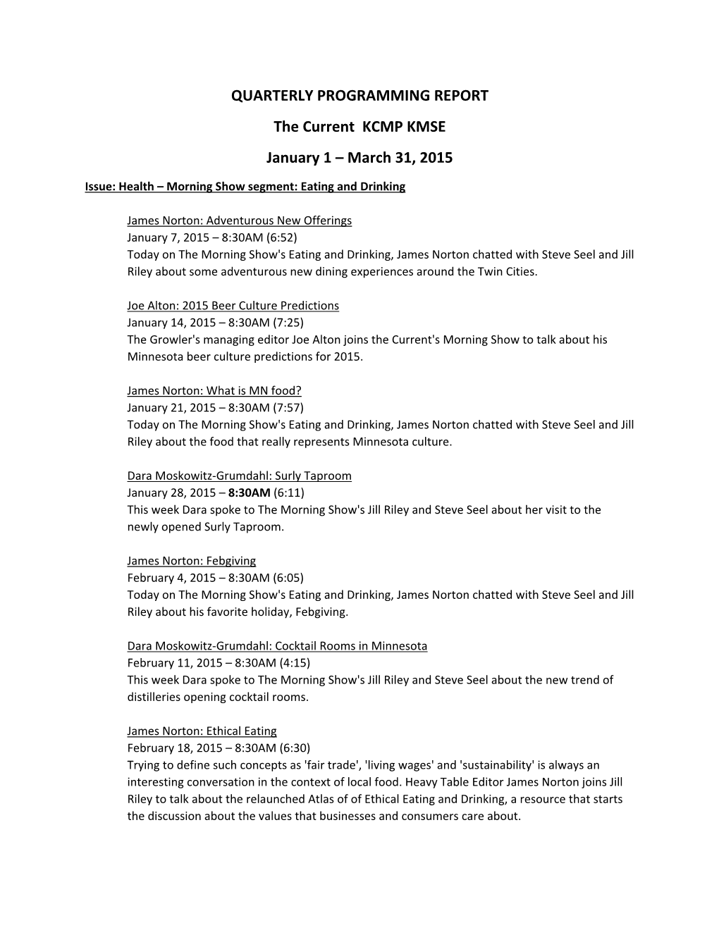 QUARTERLY PROGRAMMING REPORT the Current KCMP KMSE January 1 – March 31, 2015