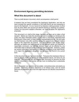 Environment Agency Permitting Decisions What This Document Is