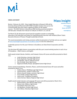 MEDIA ADVISORY Boston—February 26, 2021. Mass Insight Education