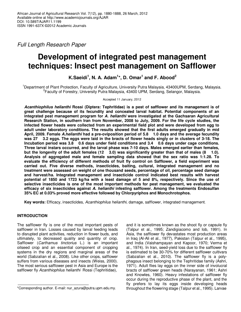 Insect Pest Management on Safflower