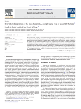 Biogenesis of the Cytochrome Bc1 Complex and Role of Assembly Factors Pamela M