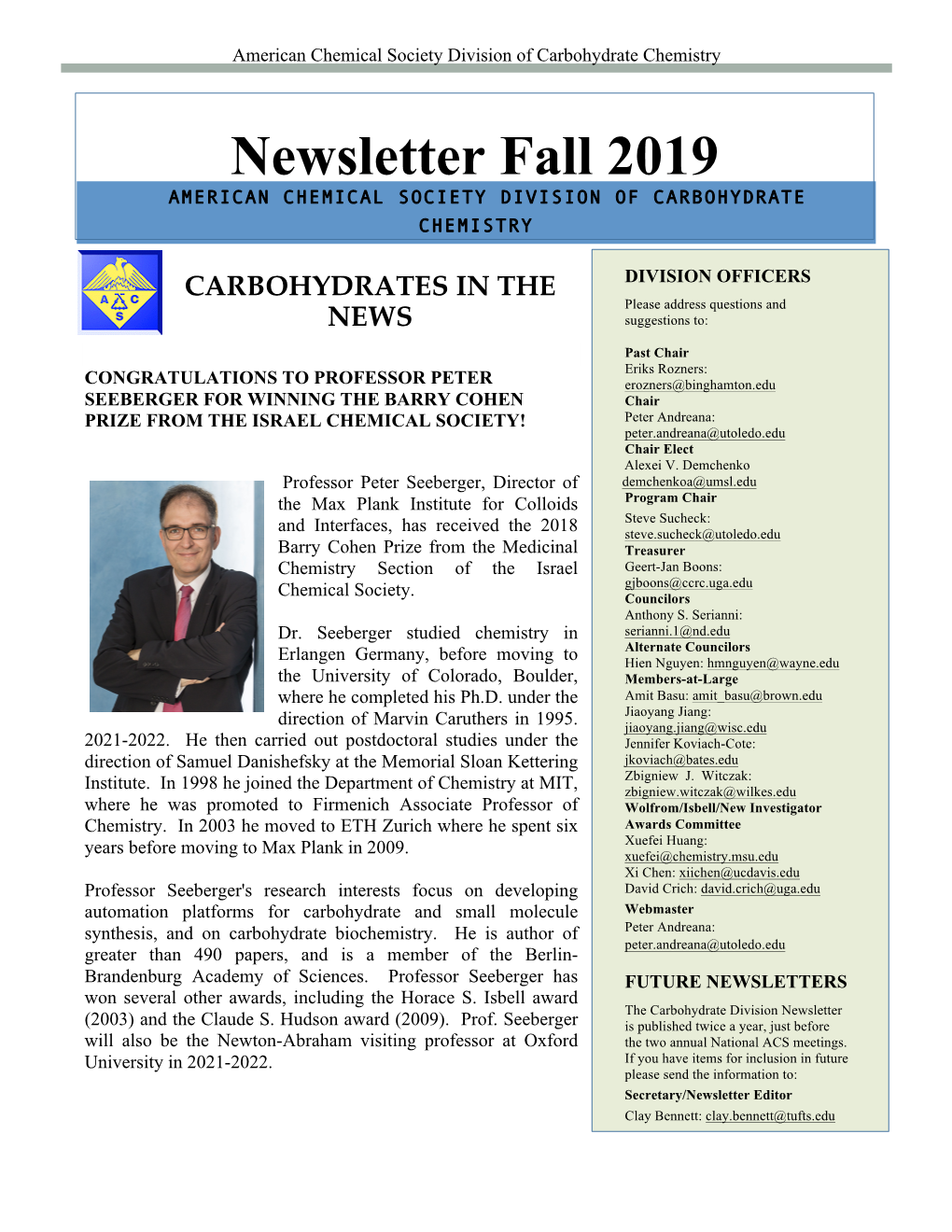 Fall 2019 AMERICAN CHEMICAL SOCIETY DIVISION of CARBOHYDRATE CHEMISTRY
