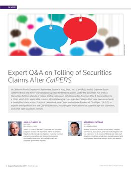 Expert Q&A on Tolling of Securities Claims After Calpers