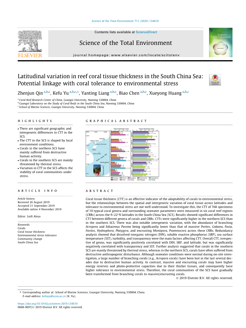 Latitudinal Variation in Reef Coral Tissue Thickness in the South China Sea