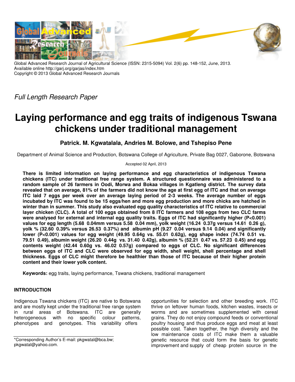 Laying Performance and Egg Traits of Indigenous Tswana Chickens Under Traditional Management