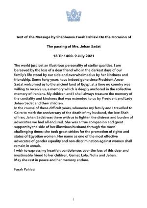 Text of the Message by Shahbanou Farah Pahlavi on the Occasion of the Passing of Mrs. Jehan Sadat 18 Tir 1400- 9 July 2021 ‪ T‬