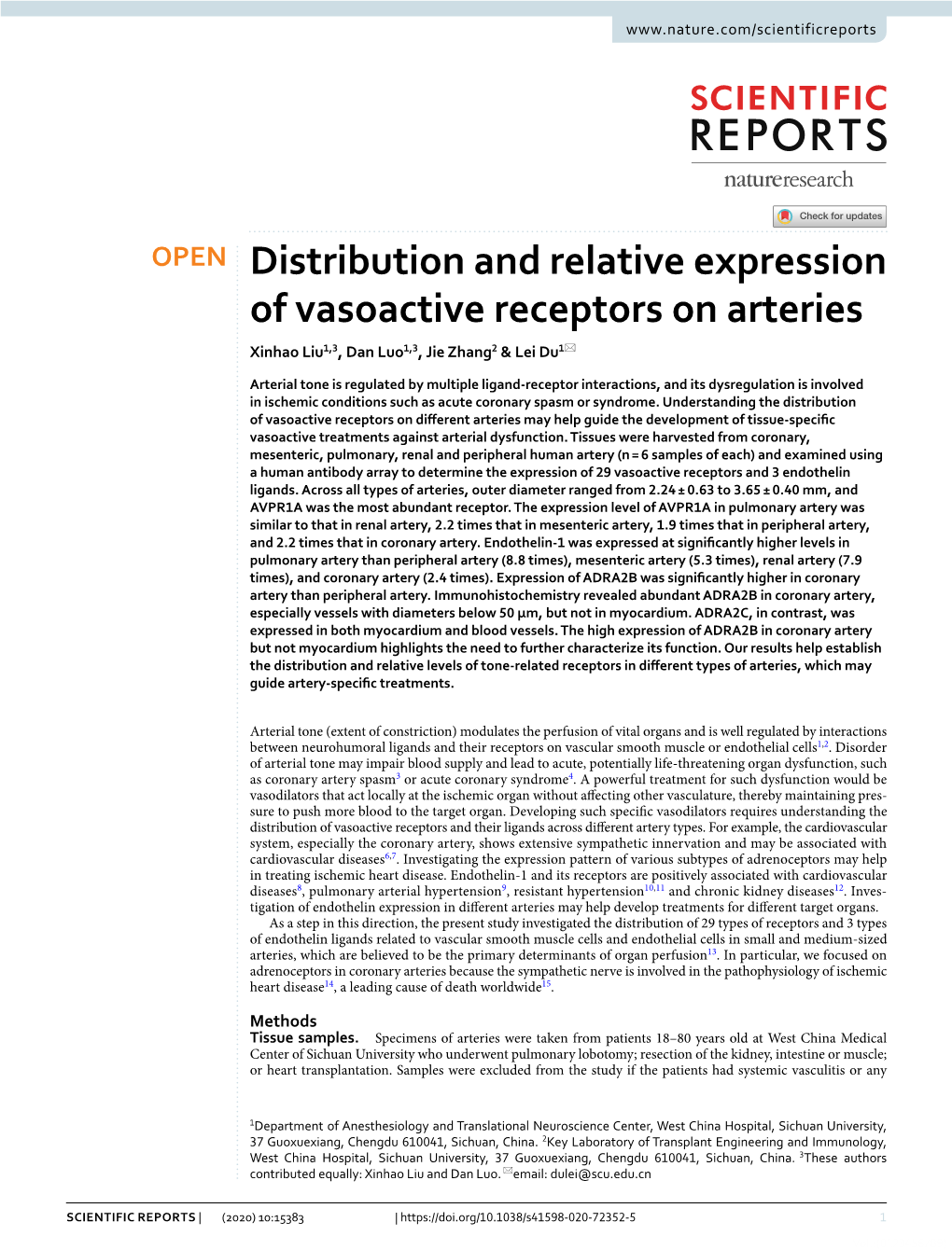 Distribution and Relative Expression of Vasoactive Receptors on Arteries Xinhao Liu1,3, Dan Luo1,3, Jie Zhang2 & Lei Du1*