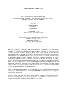 The Value of Socialized Medicine: the Impact of Universal Primary Healthcare Provision on Mortality Rates in Turkey