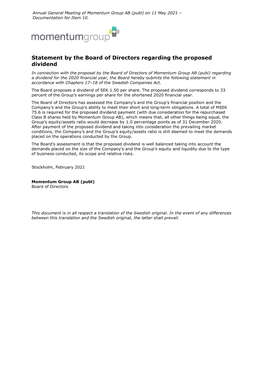 Statement by the Board of Directors Regarding the Proposed Dividend