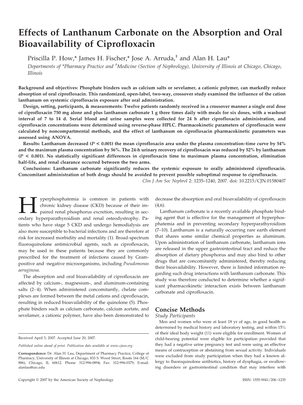 Effects of Lanthanum Carbonate on the Absorption and Oral Bioavailability of Ciprofloxacin