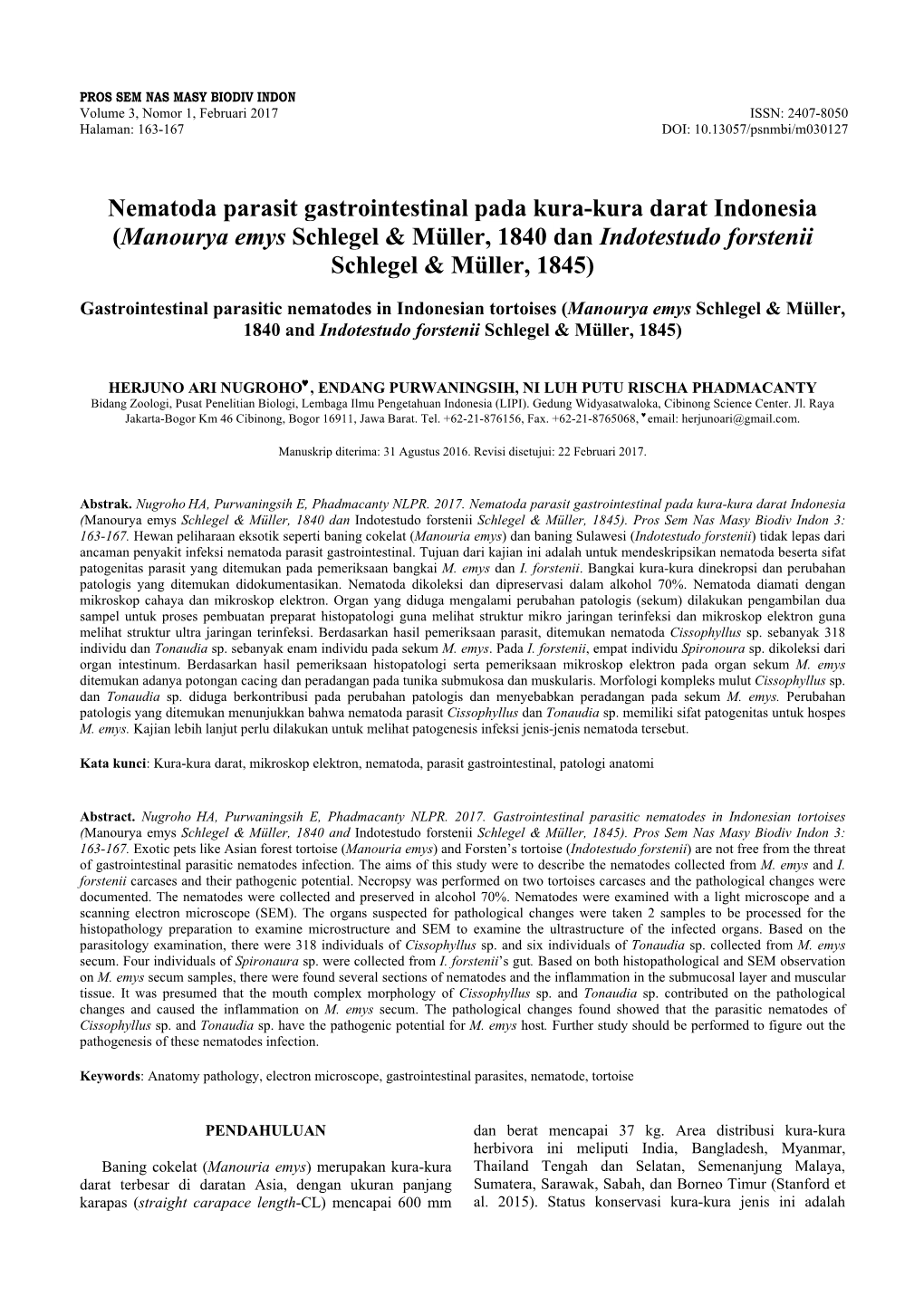 Nematoda Parasit Gastrointestinal Pada Kura-Kura Darat Indonesia (Manourya Emys Schlegel & Müller, 1840 Dan Indotestudo