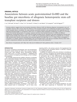 Associations Between Acute Gastrointestinal Gvhd and the Baseline Gut Microbiota of Allogeneic Hematopoietic Stem Cell Transplant Recipients and Donors