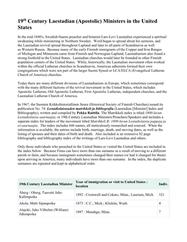 19Th Century Laestadian (Apostolic) Ministers in the United States