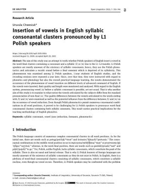Insertion of Vowels in English Syllabic Consonantal Clusters Pronounced by L1 Polish Speakers