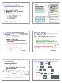 Algebraic Operations on Tabular Data Context 6.1 Basic Idea of Relational