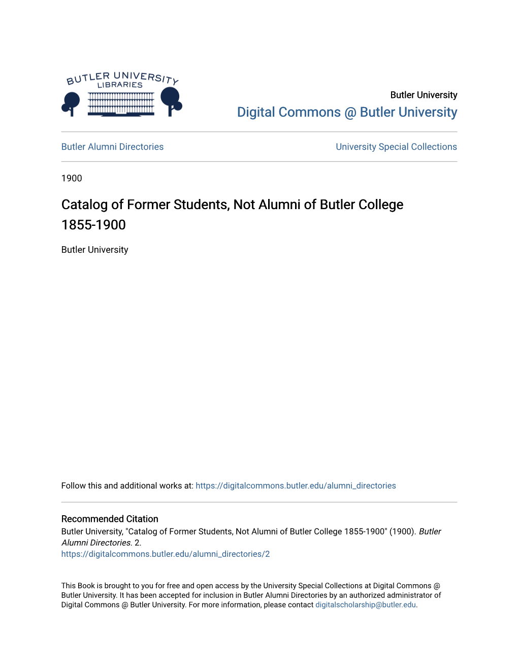 Catalog of Former Students, Not Alumni of Butler College 1855-1900