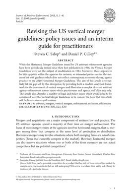 Revising the US Vertical Merger Guidelines: Policy Issues and an Interim Guide for Practitioners Steven C