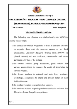 Latthe Education Society's Smt. Kusumavati Miraji Arts and Commerce College, (Shantinagar), Bedkihal-Shamanewadi-591214