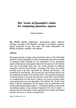 Ibn Cazziiz Al-Qusantini's Tables for Computing Planetary Aspects
