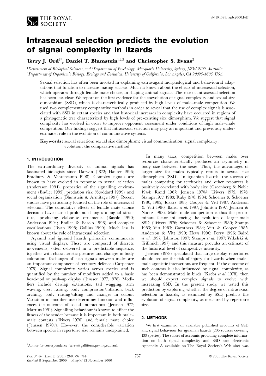 Intrasexual Selection Predicts the Evolution of Signal Complexity in Lizards Terry J