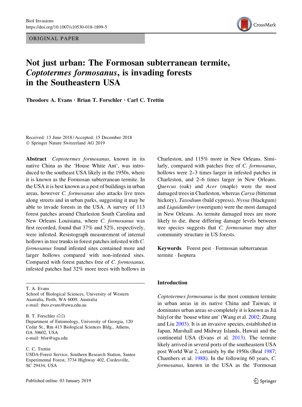 Not Just Urban: the Formosan Subterranean Termite, Coptotermes Formosanus, Is Invading Forests in the Southeastern USA