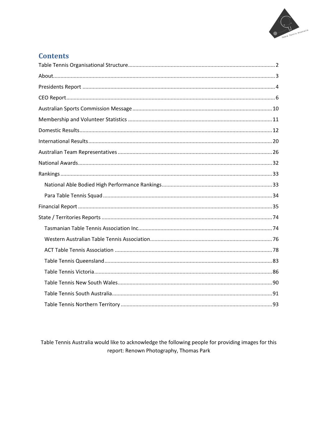 Contents Table Tennis Organisational Structure