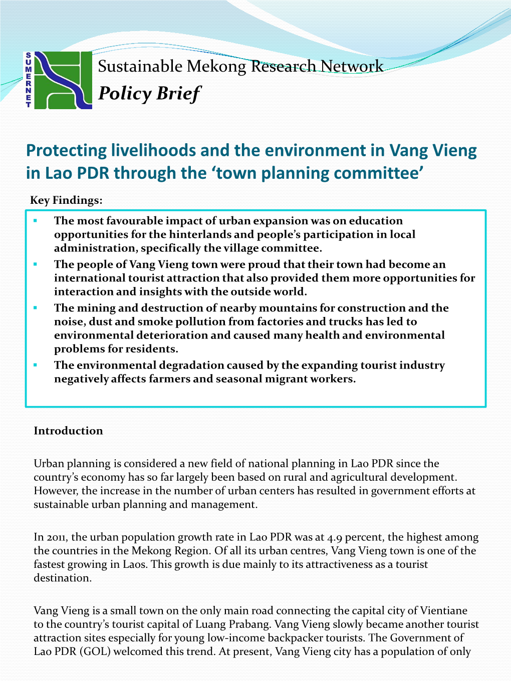 Protecting Livelihoods and the Environment in Vang Vieng in Lao PDR Through the 'Town Planning Committee' Policy Brief