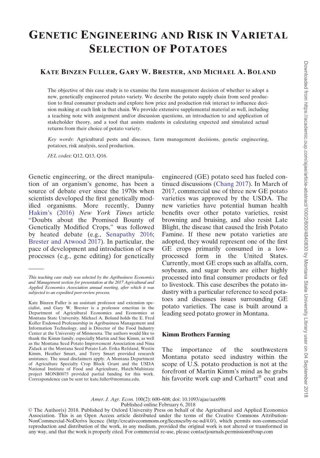 Genetic Engineering and Risk in Varietal Selection Of