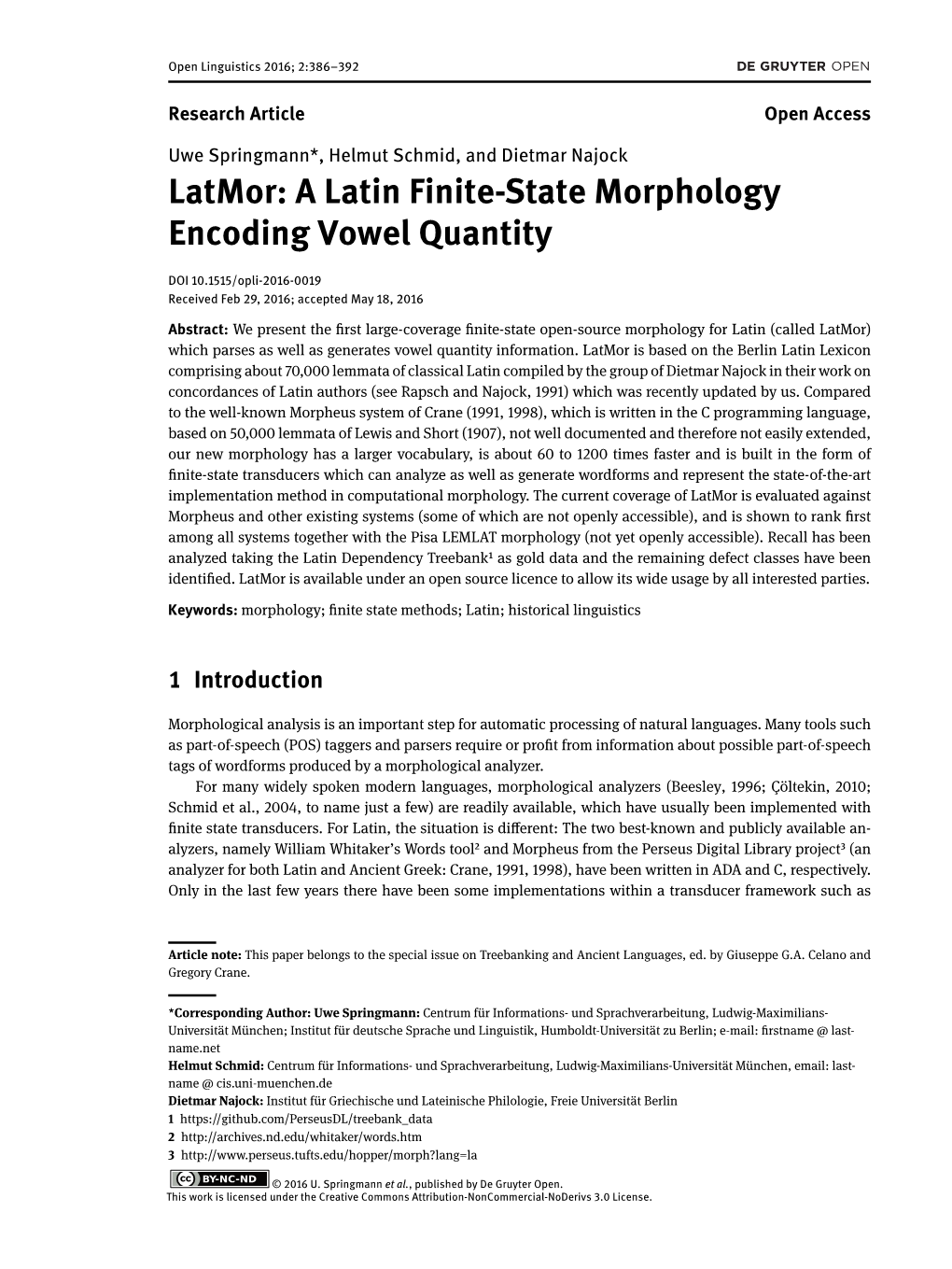 A Latin Finite-State Morphology Encoding Vowel Quantity