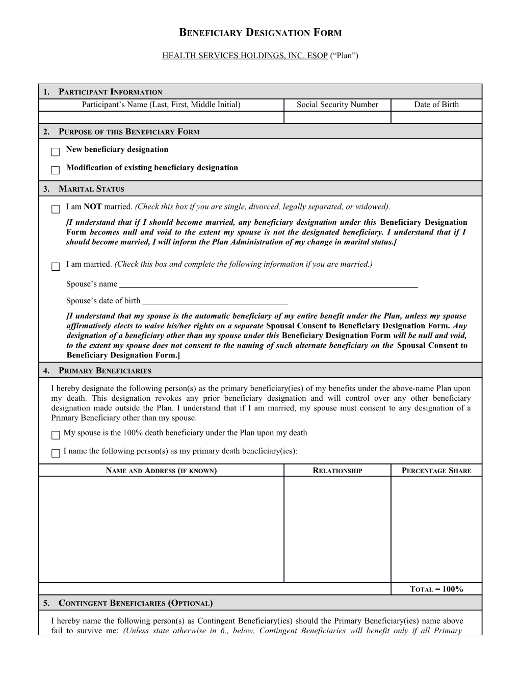 ESOP Beneficiary Designation Form