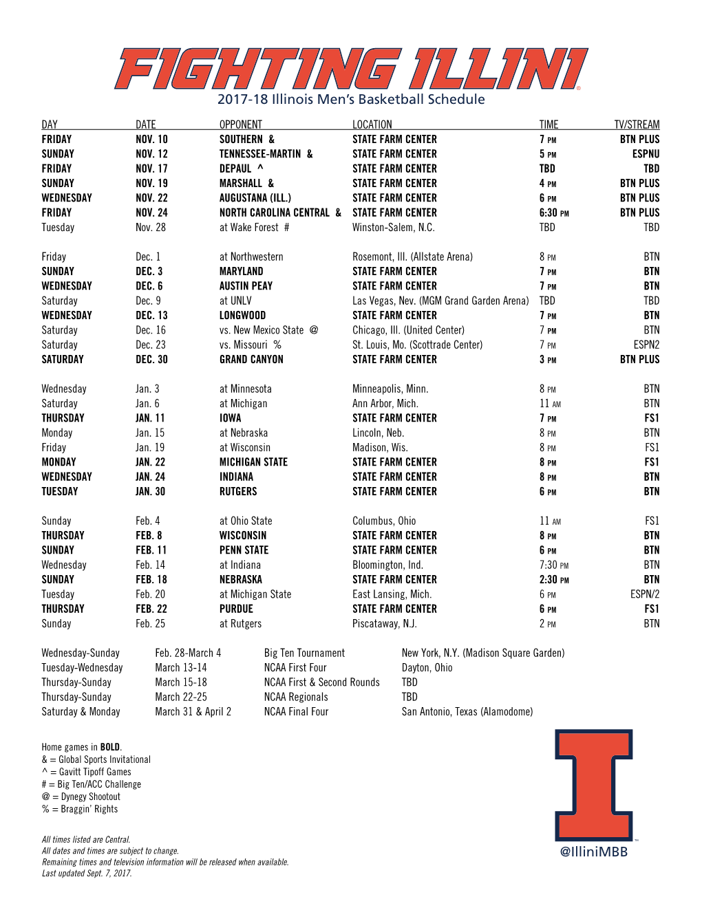 2017-18 Illinois Men's Basketball Schedule @Illinimbb