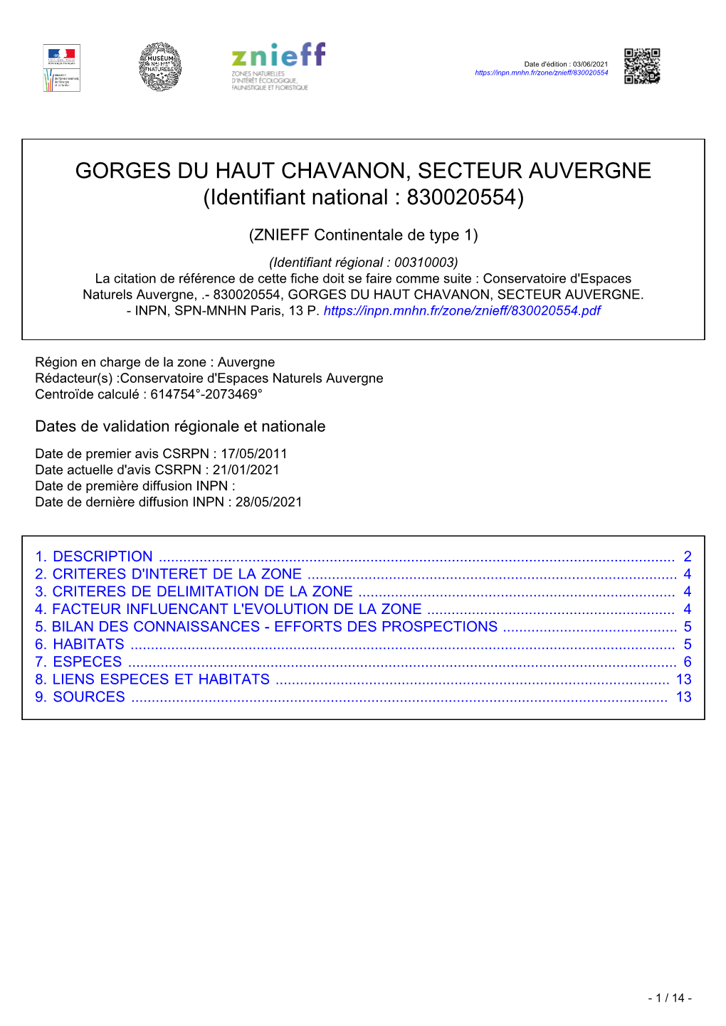 GORGES DU HAUT CHAVANON, SECTEUR AUVERGNE (Identifiant National : 830020554)