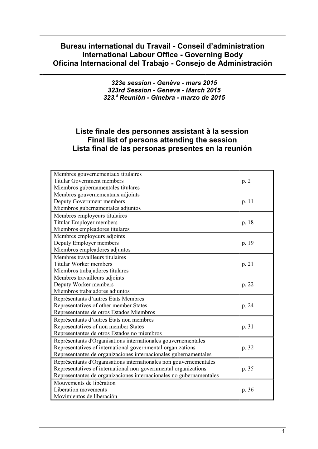 Bureau International Du Travail - Conseil D’Administration International Labour Office - Governing Body Oficina Internacional Del Trabajo - Consejo De Administración