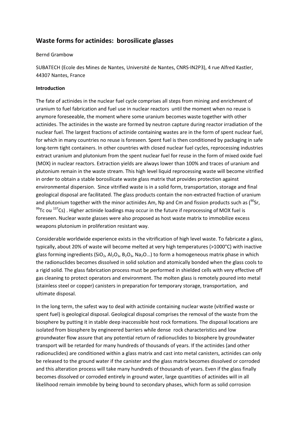 Waste Forms for Actinides: Borosilicate Glasses