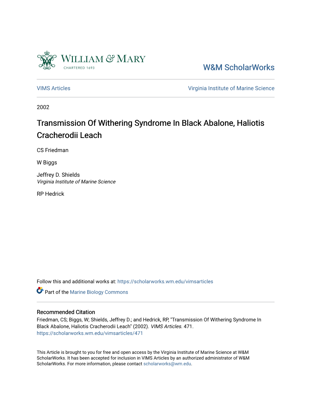 Transmission of Withering Syndrome in Black Abalone, Haliotis Cracherodii Leach