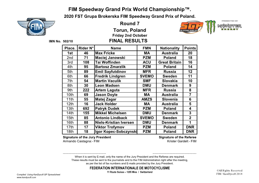 FIM Speedway Grand Prix World Championship™. 2020 FST Grupa Brokerska FIM Speedway Grand Prix of Poland