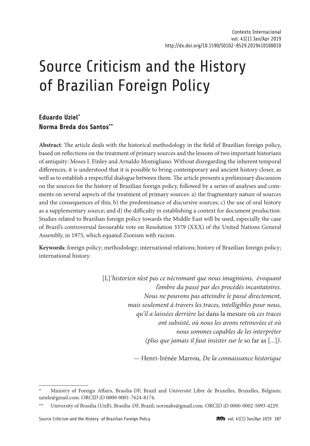 Source Criticism and the History of Brazilian Foreign Policy Uziel & Santos